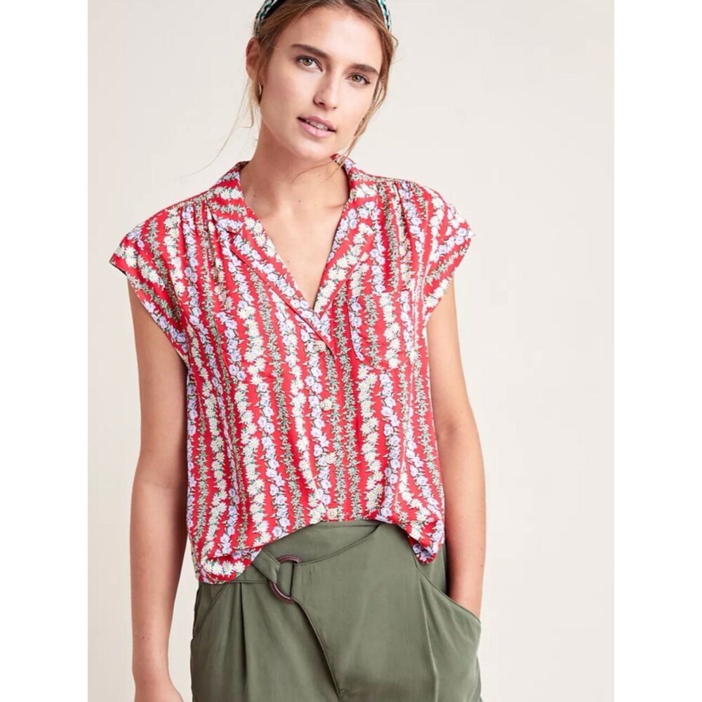 Conversations by Anthropologie floral Stripe Red Cap-Sleeve Button Front Top